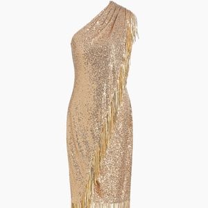 Badgley Mischka Fringe-Trim Sequined Cocktail Dress